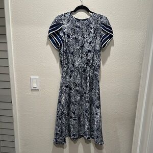 H&M Blue and White A-Line Puff Sleeve Midi Dress